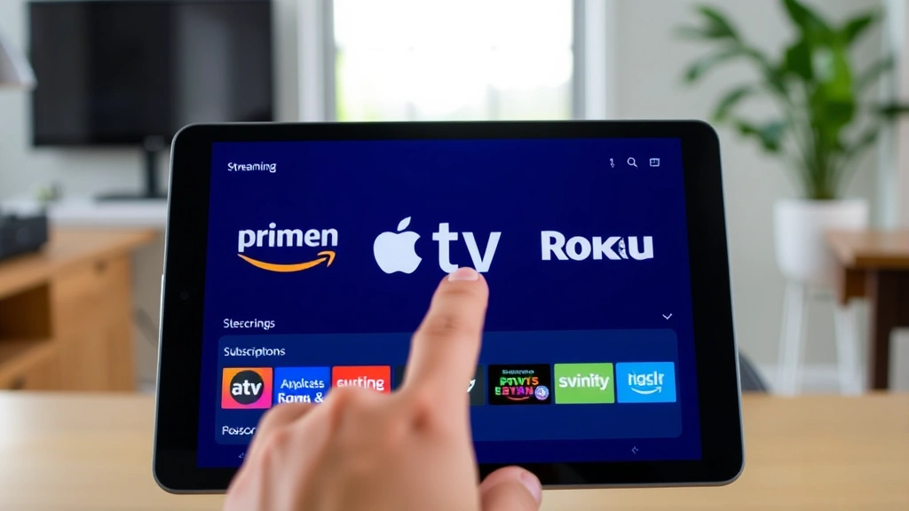 Split-screen showing multiple streaming platform logos including Amazon Prime, Apple TV, and Roku on a tablet screen, person's finger pointing at subscription settings, modern home office setting