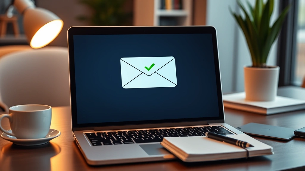 Laptop showing email confirmation message with checkmark symbol, desk workspace with coffee cup and notebook, warm indoor lighting, professional home office setup