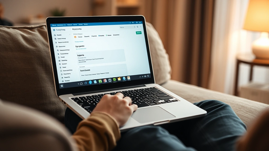 Person sitting on a couch with a laptop on their lap, looking at account settings and subscription management interface, peaceful home environment with warm lighting