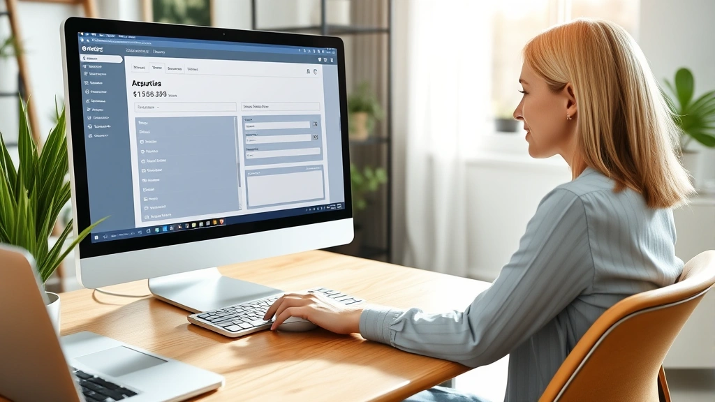 Professional woman sitting at laptop computer in home office, looking at subscription account settings on screen with mouse in hand, bright natural lighting, modern workspace with notebook visible