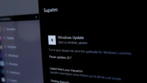 Close-up of Windows 11 Settings screen showing Windows Update menu with pause updates button highlighted, clean desktop background visible