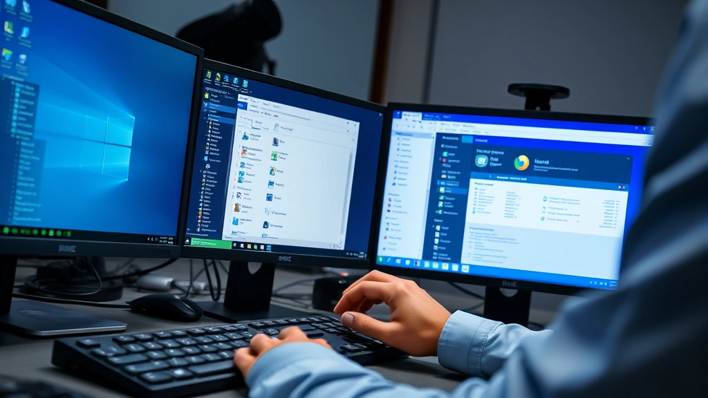 Computer technician's hands working at a desk with multiple monitors displaying Windows system settings and administrative tools, professional IT environment