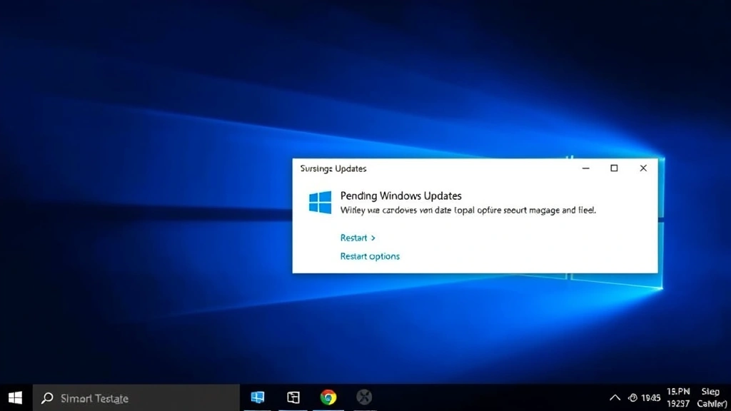 Windows system tray notification showing pending Windows updates with restart options, taskbar visible at bottom of screen