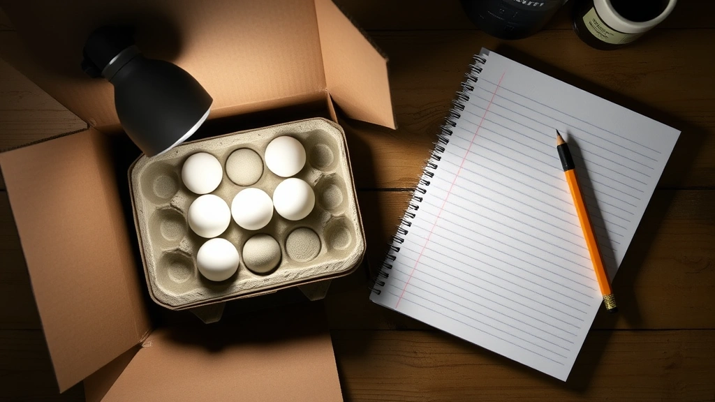 Close-up overhead view of organized candling workstation with dark cardboard box, LED light source, egg carton, pencil for marking, and notebook for recording results