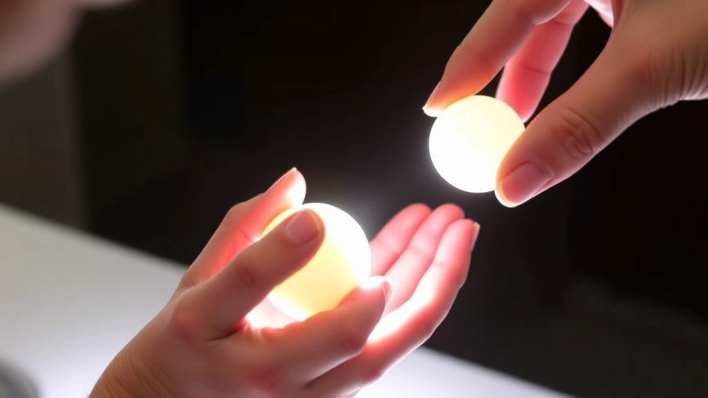 Hands-on demonstration of proper egg positioning during candling, showing large end of egg held directly against bright light source with visible air cell and embryo development at day 14