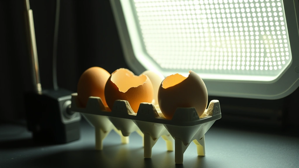 Professional egg candler light device positioned in dark room with fresh brown and white eggs held against bright LED light source, showing internal development clearly visible through shell