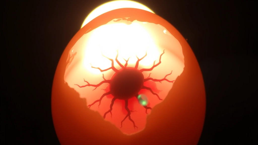 Close-up view of candled chicken egg on day 7 showing prominent blood vessel network radiating from dark embryo center against bright backlit background in darkened environment