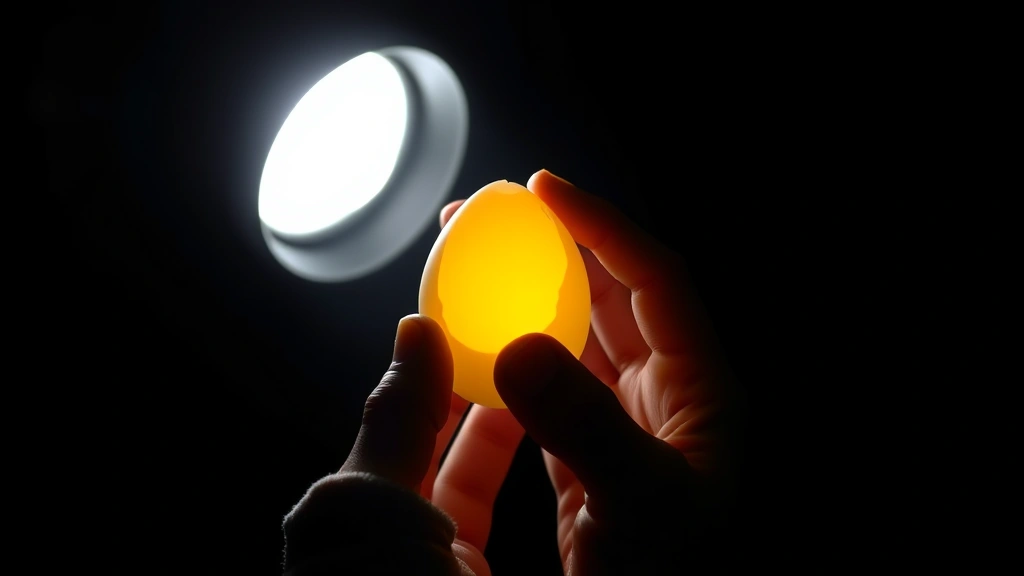 Farmer's hands gently holding candled duck egg up to high-powered LED flashlight in completely darkened room, demonstrating proper technique and positioning for accurate internal assessment