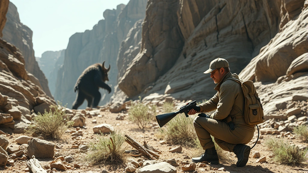 Professional hunter setting shock trap in rocky canyon terrain with monster approaching in background, daylight, realistic construction-style photography