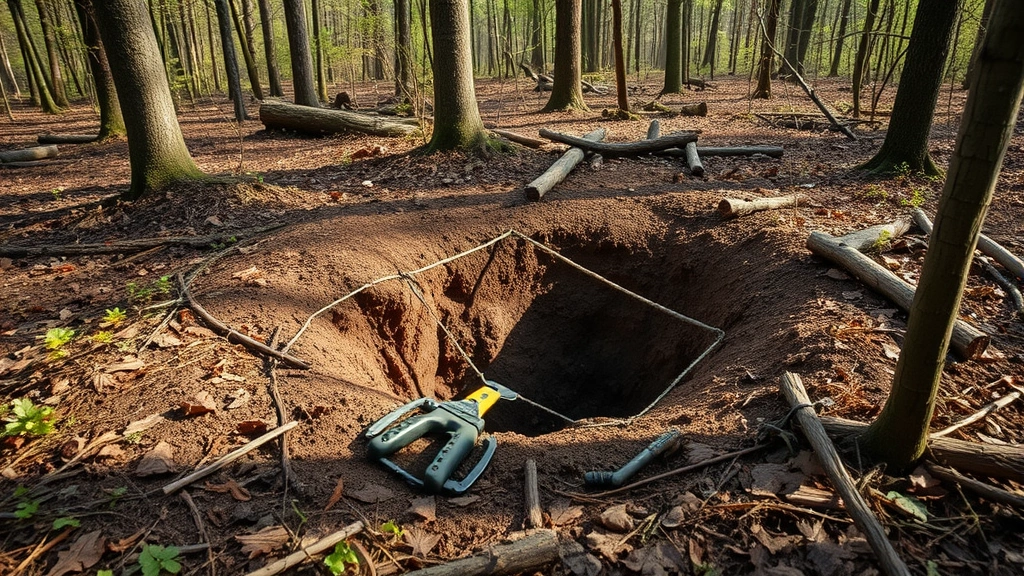 Pit trap being dug and camouflaged in forest clearing with hunter tools visible, natural lighting, detailed ground work visible