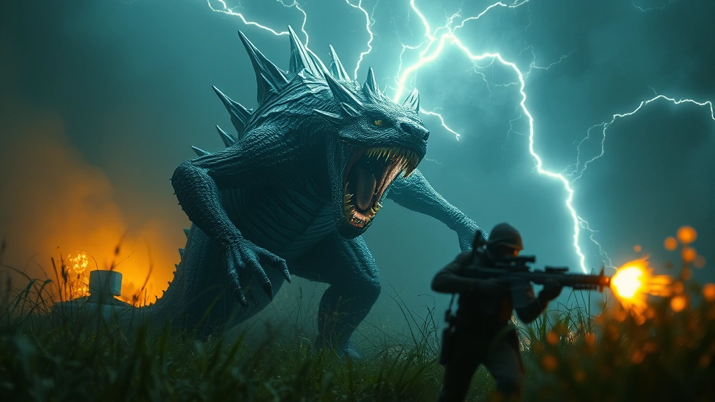 Monster entering shock trap with electrical effects, hunter in tactical position nearby, action-focused realistic scene