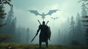Professional hunter in full armor standing in misty forest clearing, wielding water element sword and shield, facing away toward distant flying wyvern with distinctive crest silhouetted against morning light, photorealistic game environment