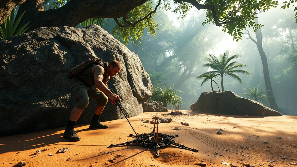 Hunter character crouched behind large rock outcropping in jungle environment, carefully positioning pitfall trap on sandy ground, tranquilizer bombs visible in inventory pouch, dramatic lighting through canopy, photorealistic tactical gameplay moment