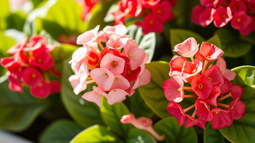 Close-up of vibrant begonia flowers with glossy green foliage in soft natural light, showing various pink, red, and white blooms clustered together on healthy stems