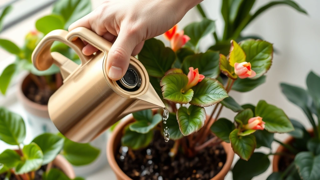 Hand watering begonia plant at soil level with narrow-spout watering can, demonstrating proper watering technique to avoid wetting foliage, indoor potted setup visible