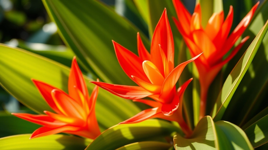 Close-up of vibrant red and orange bromeliad flowers with glossy green leaves in natural sunlight, tropical plant detail photography