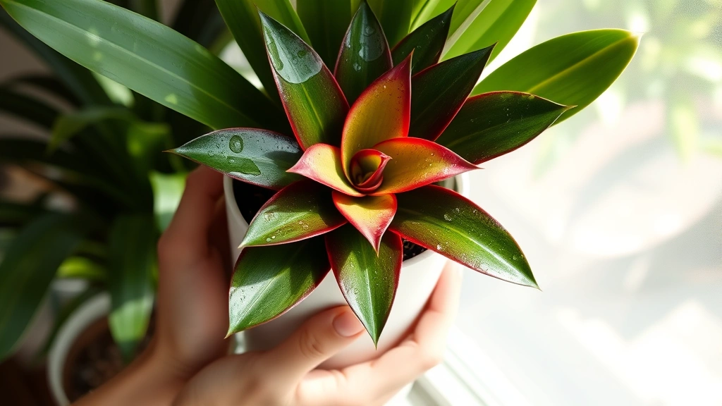 Hands holding a potted bromeliad with water droplets on leaves, showing proper plant positioning near a bright window with dappled light
