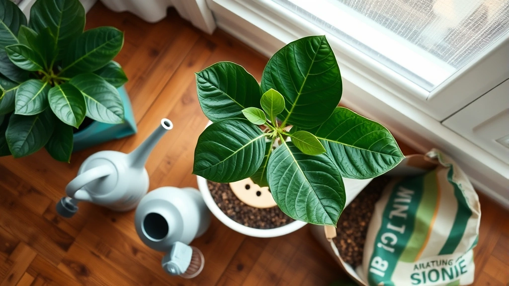 Overhead view of fiddle leaf fig in modern ceramic pot with drainage hole, surrounded by watering can, spray bottle for misting, and potting soil bag on wooden floor near window
