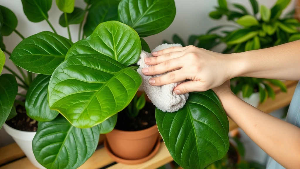 Gardener's hands gently wiping fiddle leaf fig leaves with soft cloth and water, showing leaf maintenance technique, with potted plant on wooden shelf next to other houseplants in background