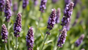 Vibrant purple lavender flowers in full bloom during summer with green foliage, photographed in natural sunlight with shallow depth of field