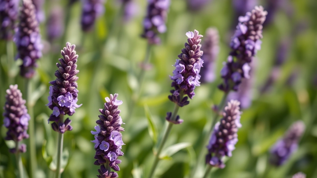 Vibrant purple lavender flowers in full bloom during summer with green foliage, photographed in natural sunlight with shallow depth of field