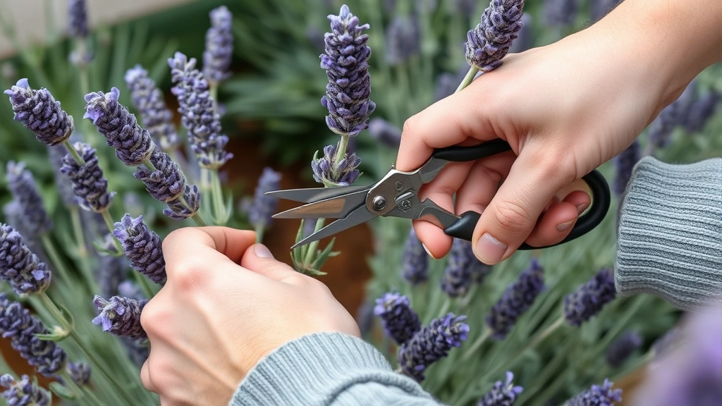Gardener's hands pruning established lavender plant with sharp pruning shears, showing proper cutting technique near leaf nodes