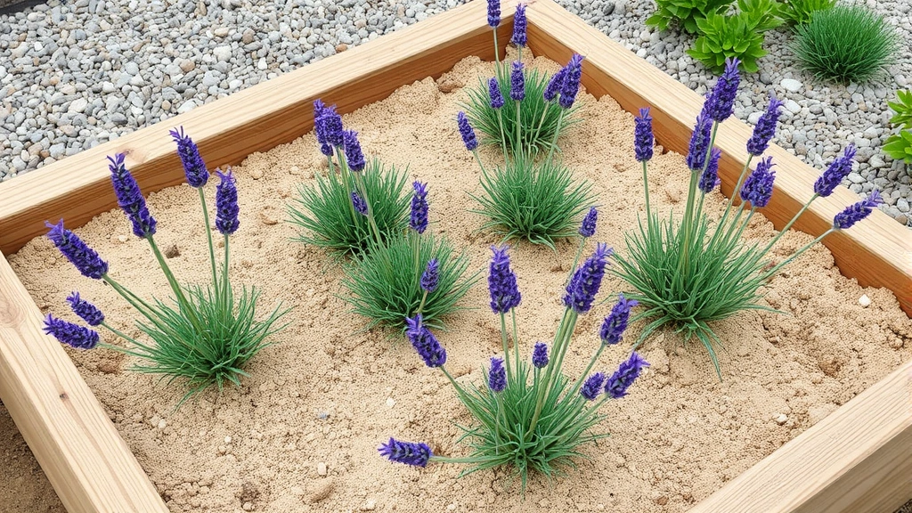 Well-draining raised garden bed filled with sandy soil mix containing lavender plants at various growth stages, with gravel mulch visible