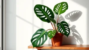 Vibrant potted monstera deliciosa with large fenestrated leaves displayed on wooden shelf against white wall, natural window light creating leaf shadows, professional indoor plant photography