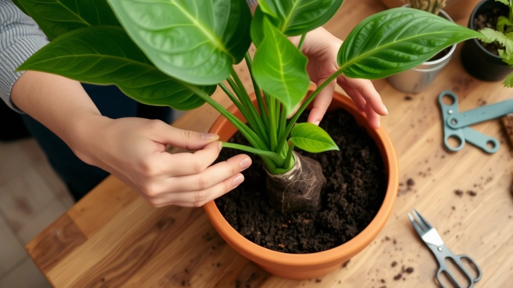 Person's hands repotting monstera plant into larger terra cotta pot with fresh potting soil, showing root ball and drainage setup on wooden work surface with gardening supplies nearby