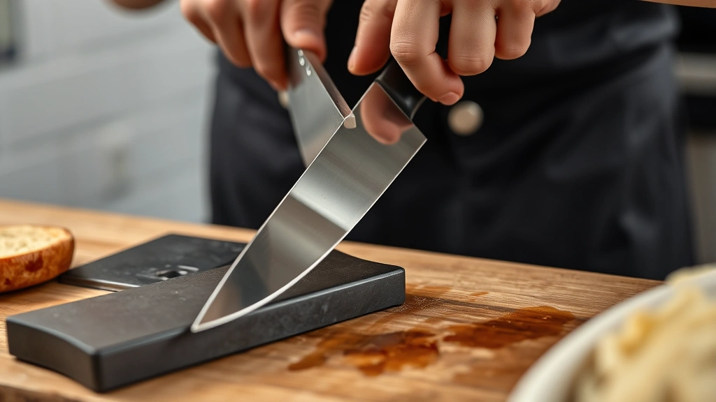 Professional chef sharpening carving knife on steel with proper angle and technique, close-up of blade and hands on wooden surface
