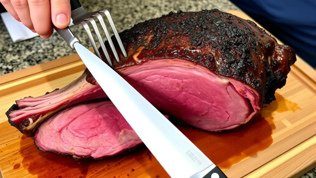 Rested rib roast on carving board with carving fork stabilizing meat, sharp knife positioned to make first slice along bone