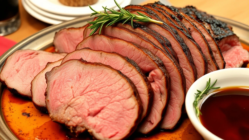Perfectly sliced rib roast arranged overlapping on warm serving platter with fresh rosemary garnish and meat juices in small dish nearby
