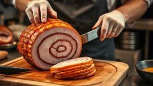 Professional butcher carving golden-brown spiral ham on wooden cutting board with carving fork and knife, hands positioned safely away from blade, warm kitchen lighting