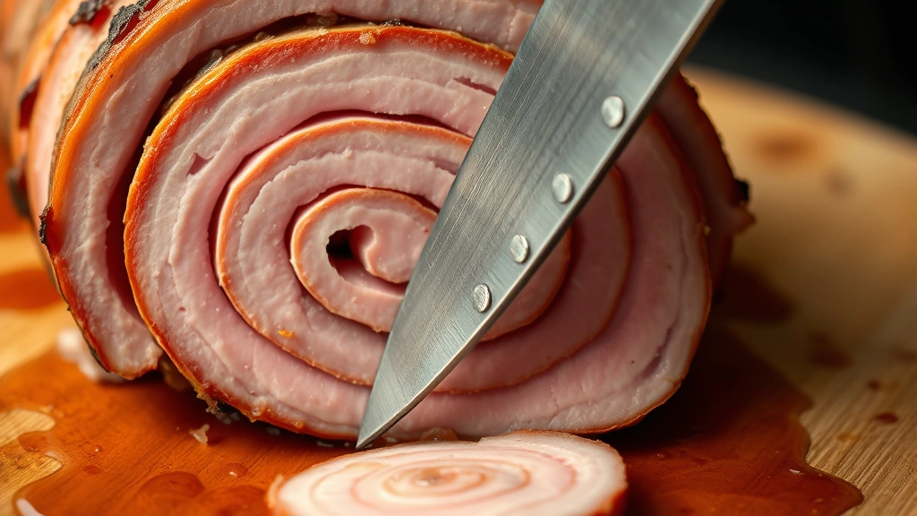 Close-up of sharp carving knife slicing through spiral ham meat along score lines, showing clean edges and consistent thickness, juices visible on cutting surface
