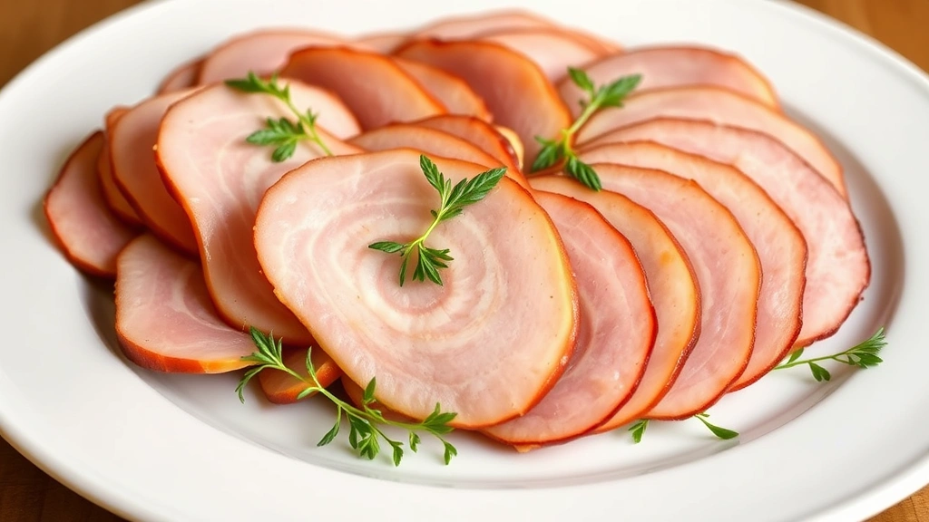 Plated spiral ham slices arranged in overlapping fan pattern on white serving platter, garnished with fresh herbs, warm professional restaurant-style presentation