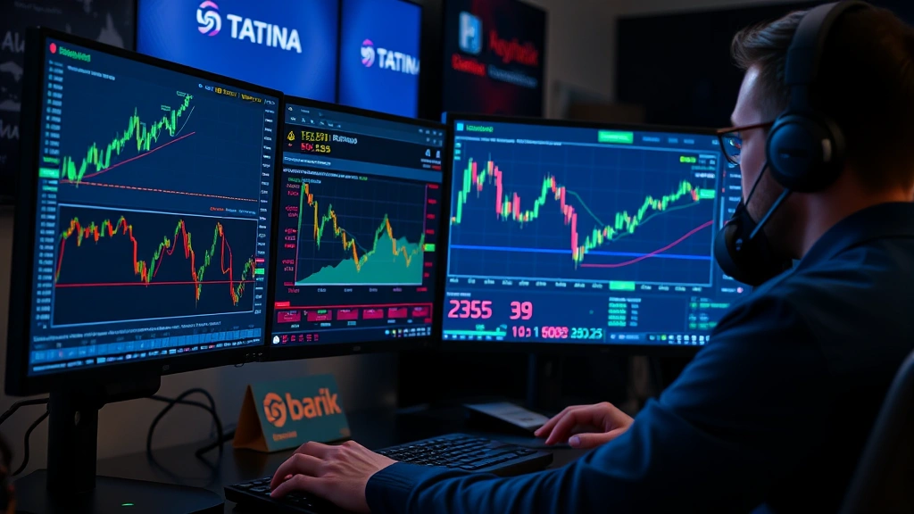 Professional cryptocurrency trader monitoring blockchain transaction on multiple computer screens displaying real-time Solana price charts and exchange interfaces with numerical data visible