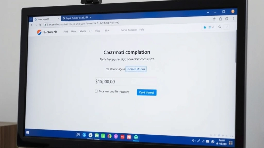 Bank transfer completion screen on computer monitor showing successful transaction confirmation with financial institution branding, depicting fiat currency receipt from cryptocurrency conversion