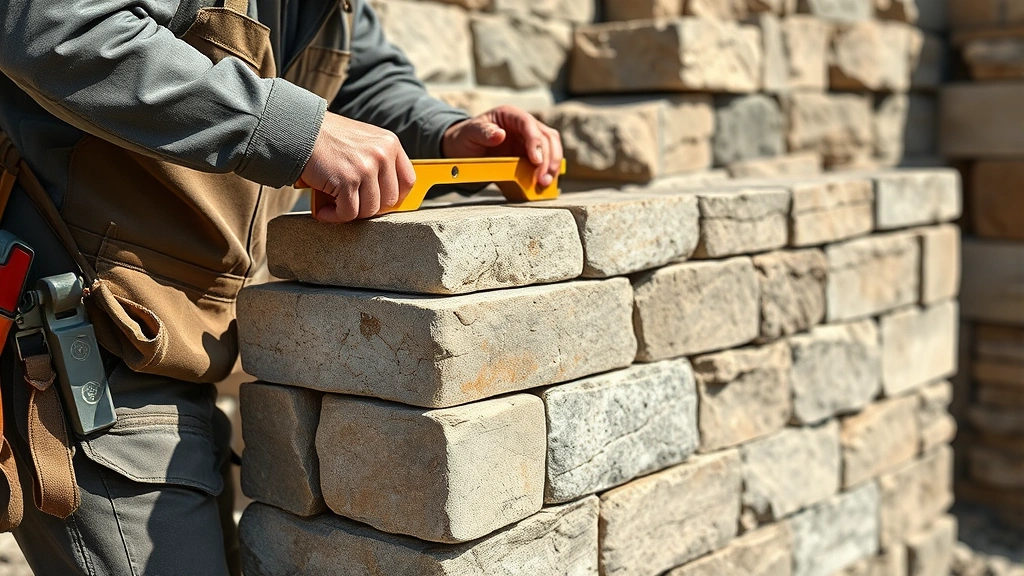 Professional stone mason laying natural granite blocks with mortar and level, demonstrating proper masonry technique for castle wall construction in daylight outdoor setting