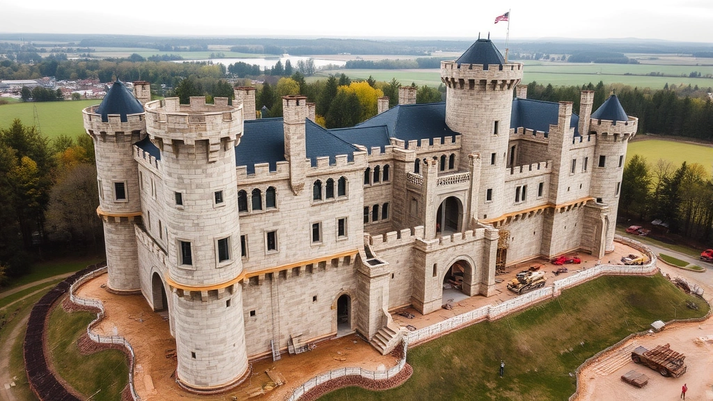 Aerial view of large residential castle under construction showing multiple stone towers, crenellated walls, and extensive foundation work with construction equipment and staging areas
