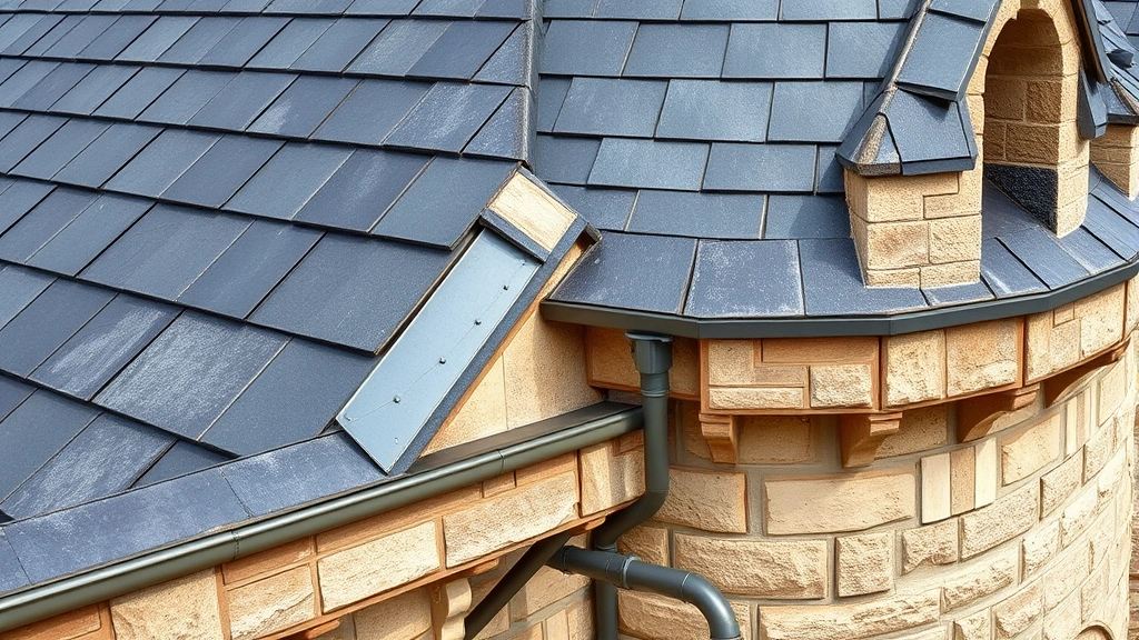 Detailed close-up of castle roof construction showing slate shingles, metal flashing, gutters, and drainage system where roof meets stone tower wall with professional craftsmanship