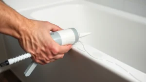 Close-up of hand applying white silicone caulk along bathtub edge with caulk gun, showing proper 45-degree angle and steady bead application technique