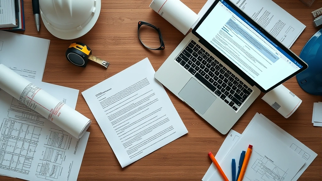 Overhead view of a construction worker's desk with laptop displaying Microsoft Word document, blueprint rolled nearby, measuring tape, safety glasses, and organized papers in soft natural lighting