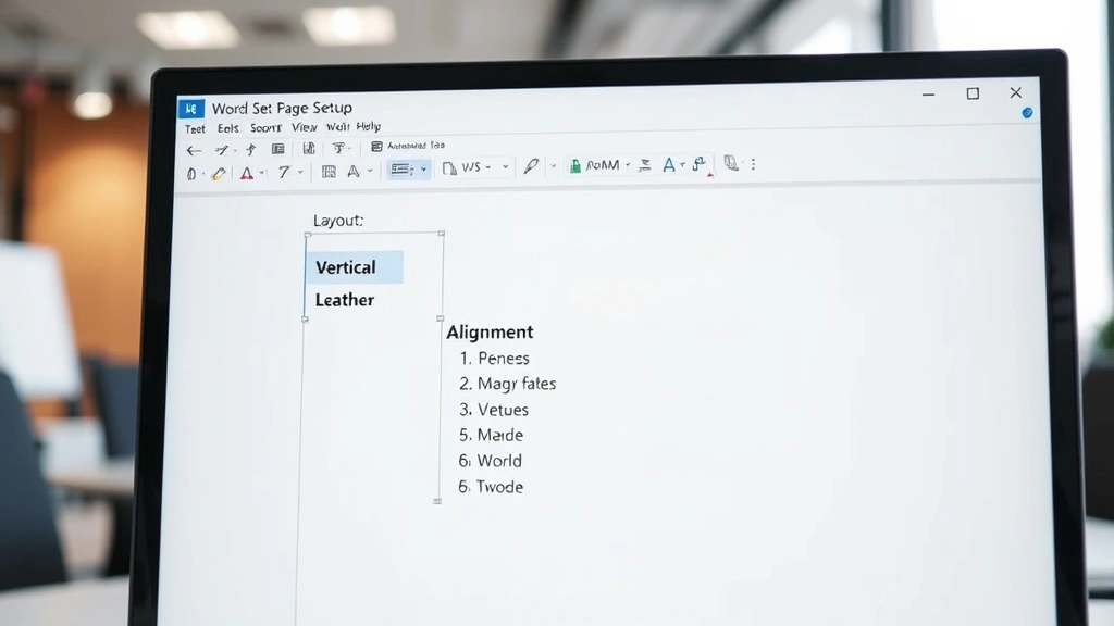 Close-up of computer monitor showing Word Page Setup dialog box with Layout tab visible, highlighting vertical alignment dropdown menu options, professional office background slightly blurred