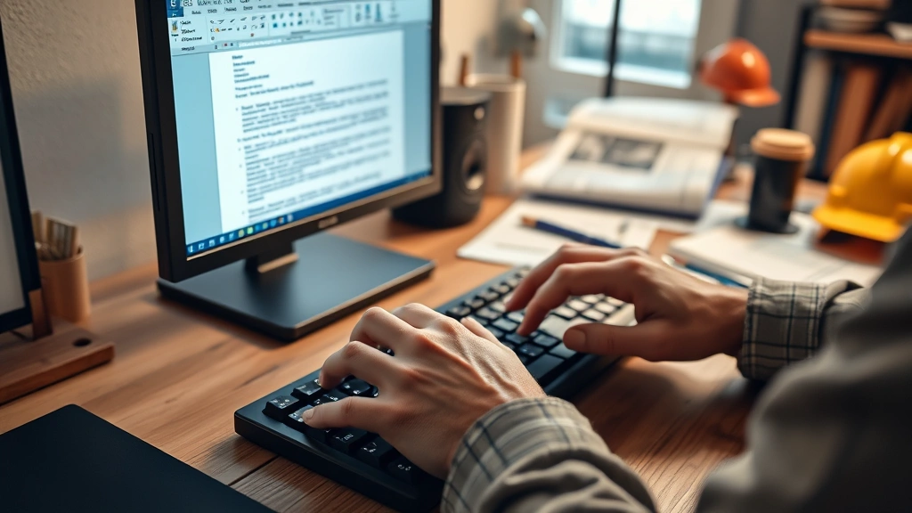 Hands of a builder or contractor typing on keyboard with Word document open on screen, construction site reference materials visible on desk, warm workspace lighting, realistic office setting