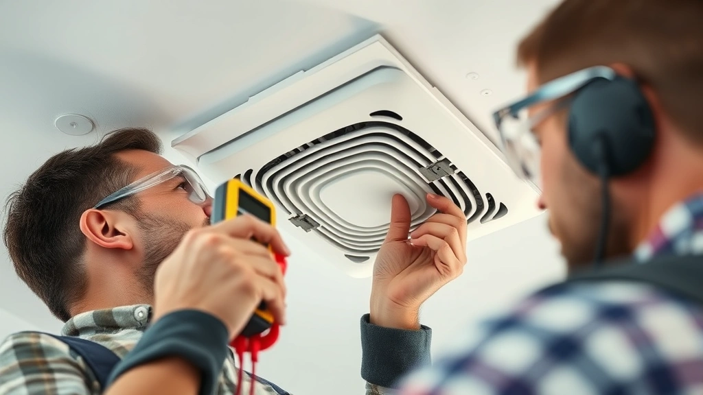 Close-up of electrician using non-contact voltage tester on bathroom exhaust fan housing in ceiling, wearing safety glasses, professional electrical work environment