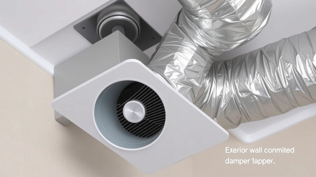 Bathroom exhaust fan with rigid metal ductwork properly sealed with foil tape, showing correct exterior wall vent termination with damper flapper visible