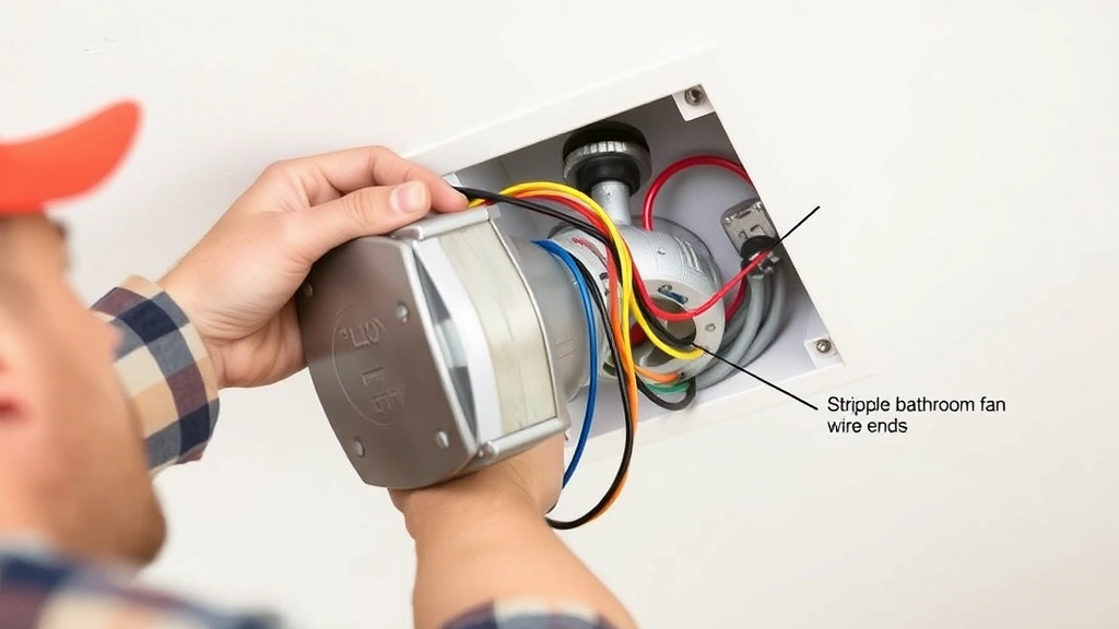 Electrician connecting electrical wires to new bathroom fan motor using wire nuts, showing proper stripped wire ends and color-coded connections in junction box