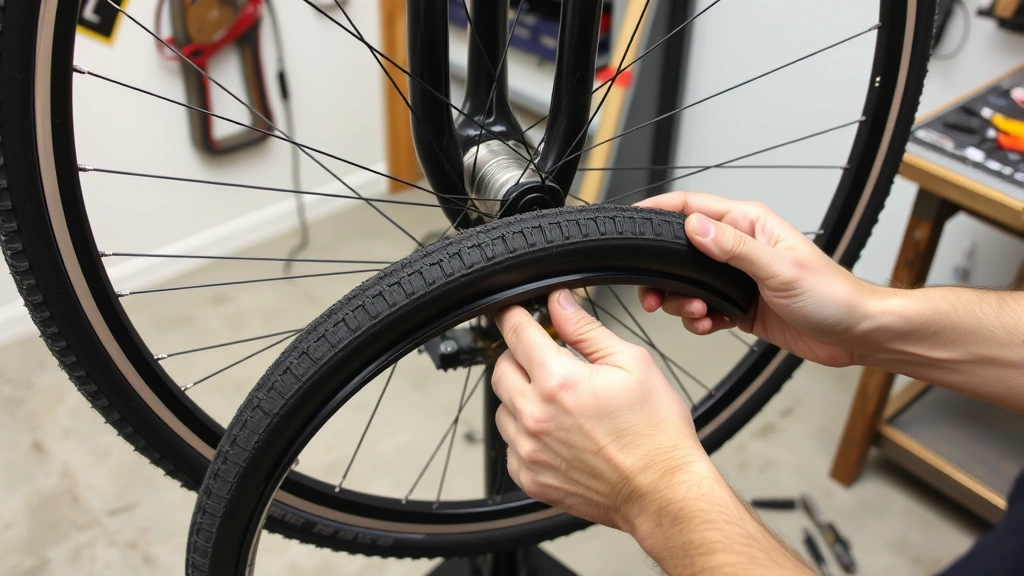 Bicycle wheel mounted on repair stand with new tire being installed, showing bead seating properly on rim, hands positioning tire evenly, workshop environment with tools nearby, clear view of tire mounting process