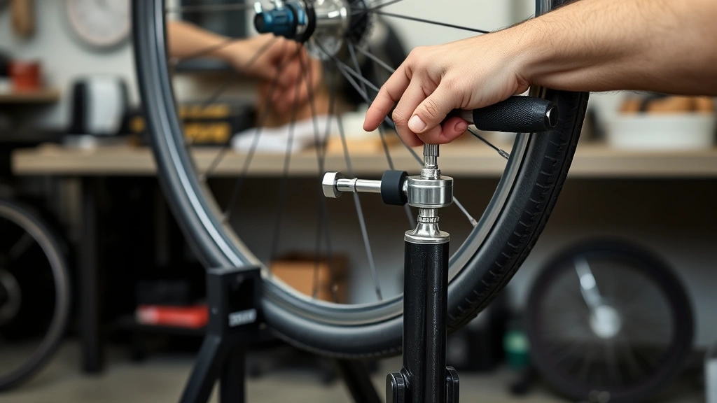 Hands inflating bicycle tire with floor pump, pressure gauge visible, wheel secured in stand, showing proper pump connection to valve stem, demonstrating final inflation step, workshop lighting