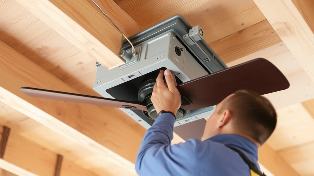 Technician installing heavy-duty fan-rated ceiling electrical box with mounting bracket secured to wooden ceiling joists, proper bracing visible